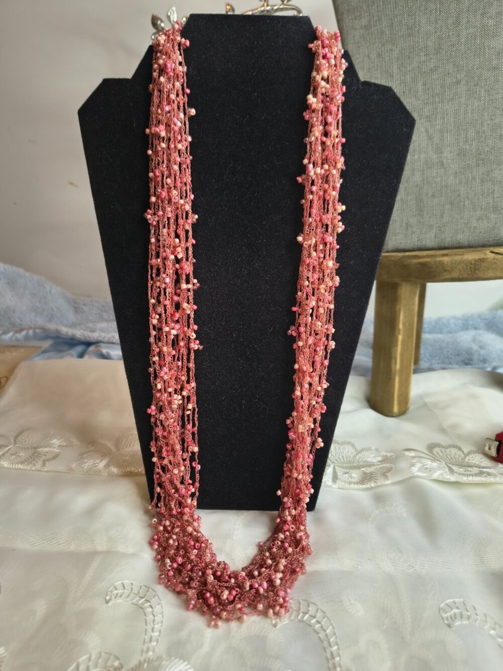 Vintage Crochet and Pink Glass Sea Bead Necklace